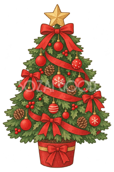 赤い飾りのクリスマスツリーの水彩イラスト｜クリスマスの無料素材 104497