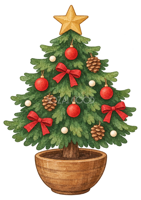 木製鉢の小さなクリスマスツリーイラスト