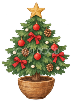 木製鉢の小さなクリスマスツリーの水彩イラスト｜クリスマスの無料素材 104498
