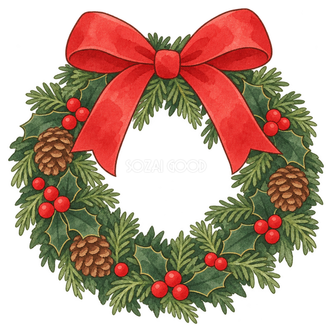 赤いリボンのクリスマスリースイラスト 赤いリボンのクリスマスリースイラスト