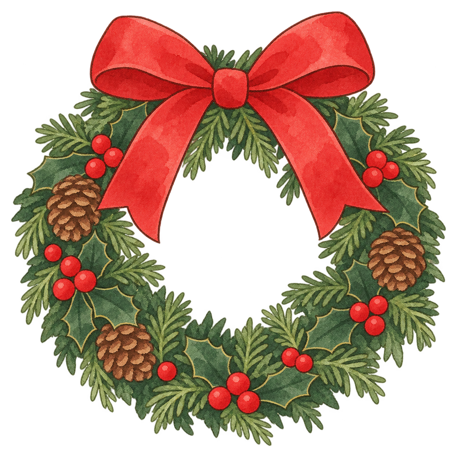 赤いリボンのクリスマスリースの水彩イラスト｜クリスマスの無料素材 104499に写真・文字を入れる