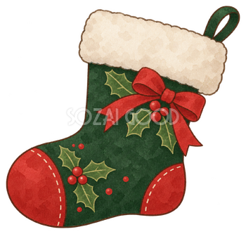 深緑のクリスマス靴下の水彩イラスト｜クリスマスの無料素材 104503