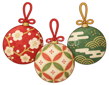 模様の異なる丸いオーナメント三個の水彩イラスト｜クリスマスの無料素材 104509