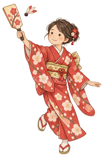 羽根つきをする女の子イラスト