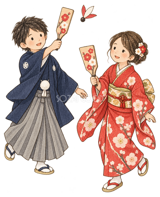 羽根つきをする子ども二人イラスト 羽根つきをする子ども二人イラスト