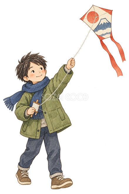 凧揚げをする男の子イラスト 凧揚げをする男の子イラスト