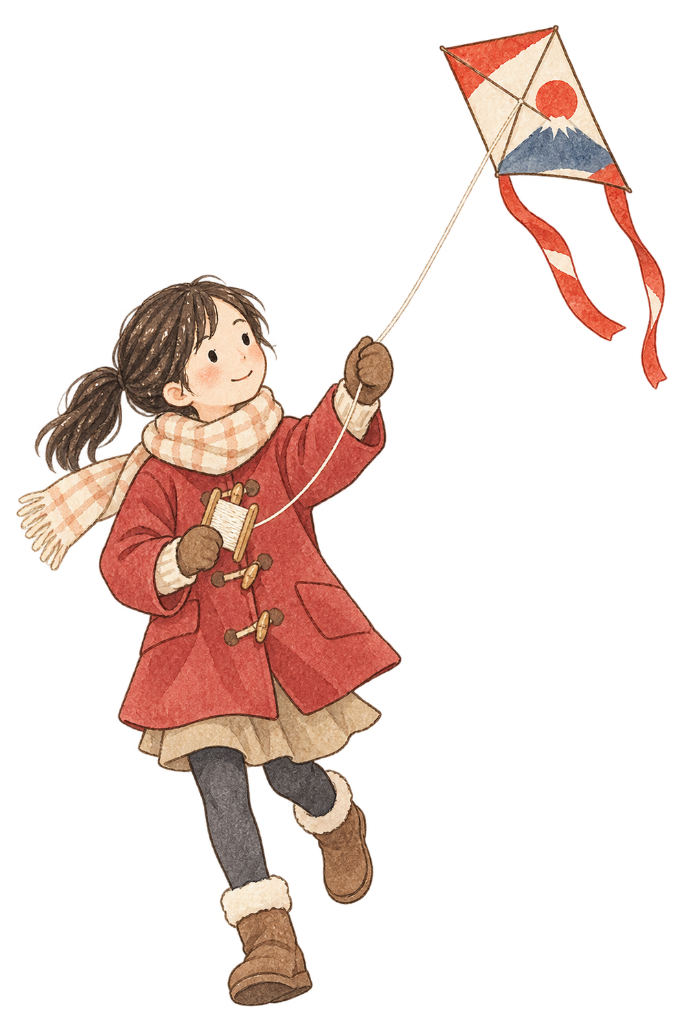 凧揚げをする女の子の水彩イラスト｜お正月の遊びの無料素材 104538に写真・文字を入れる