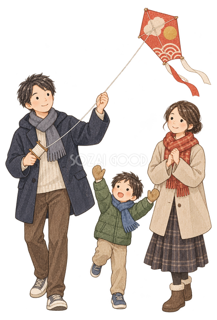 凧揚げをする家族三人イラスト 凧揚げをする家族三人イラスト