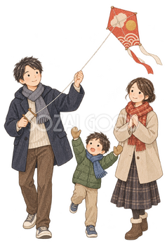 凧揚げをする家族三人の水彩イラスト｜お正月の遊びの無料素材 104539