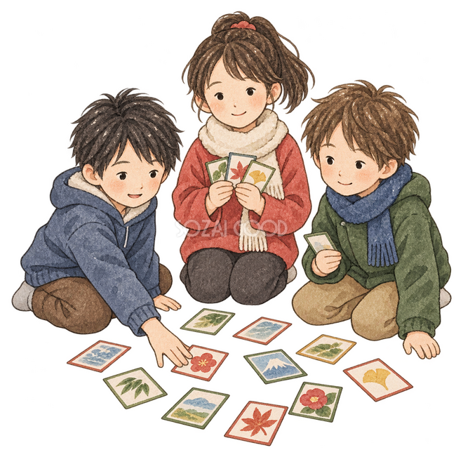 かるたで遊ぶ子ども三人イラスト かるたで遊ぶ子ども三人イラスト