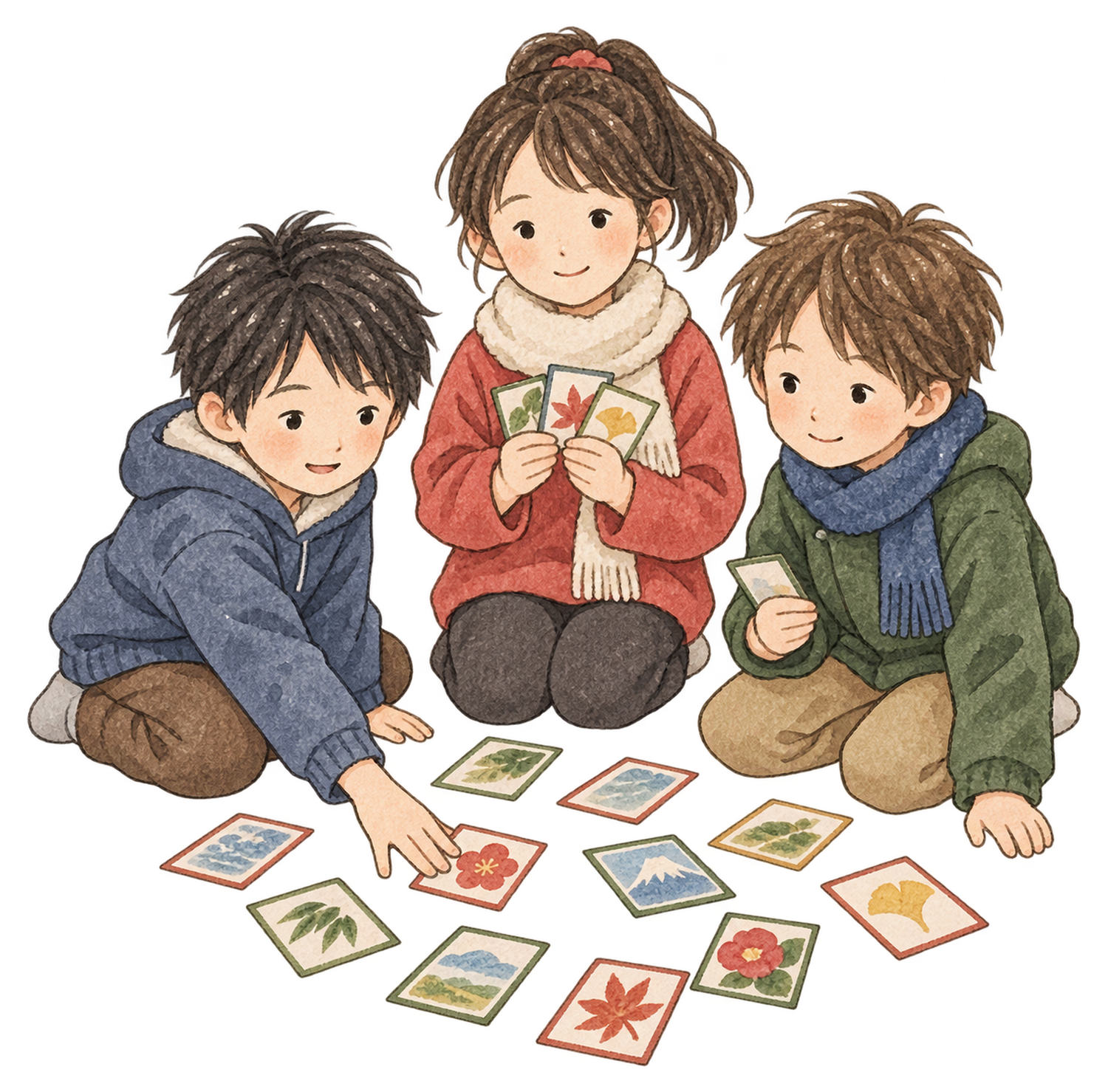 かるたで遊ぶ子ども三人の水彩イラスト｜お正月の遊びの無料素材 104540に写真・文字を入れる