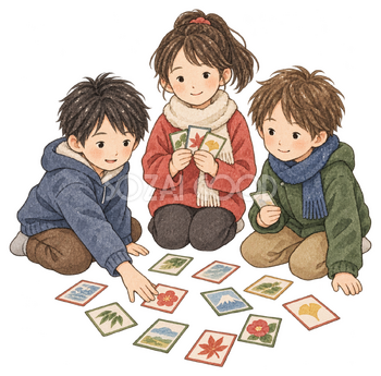かるたで遊ぶ子ども三人の水彩イラスト｜お正月の遊びの無料素材 104540
