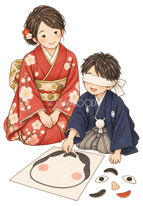 福笑いを楽しむ親子二人イラスト 福笑いを楽しむ親子二人イラスト