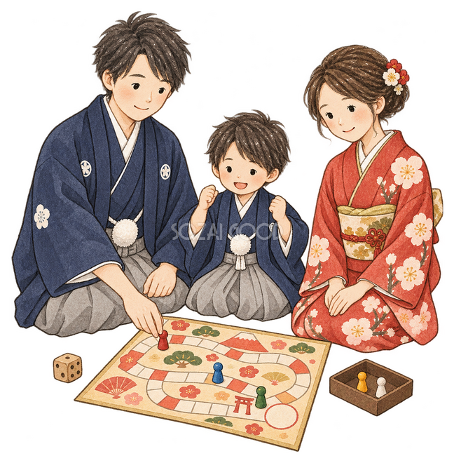 すごろくで遊ぶ家族三人イラスト