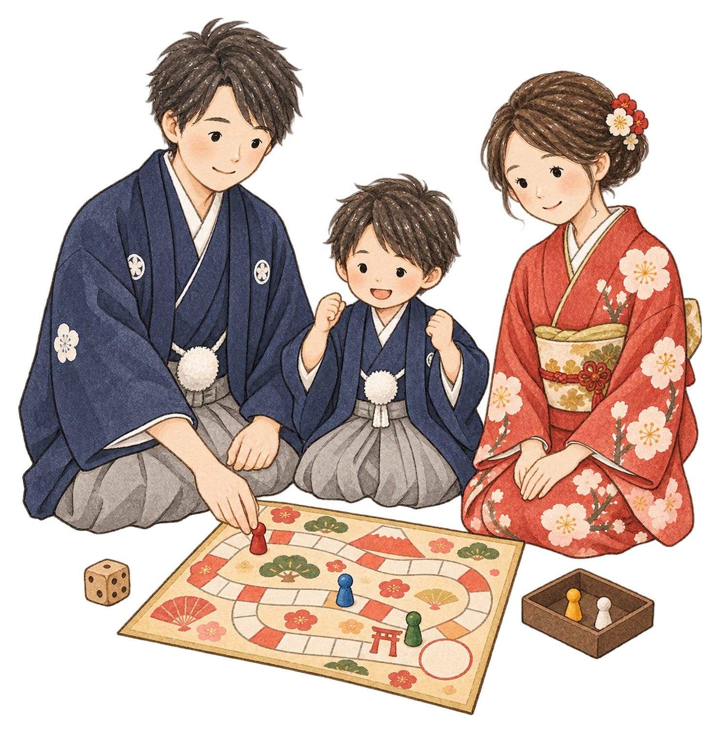 すごろくで遊ぶ家族三人の水彩イラスト｜お正月の遊びの無料素材 104545に写真・文字を入れる