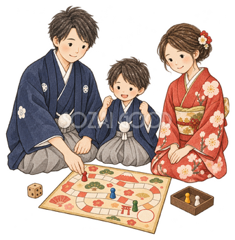 すごろくで遊ぶ家族三人の水彩イラスト｜お正月の遊びの無料素材 104545