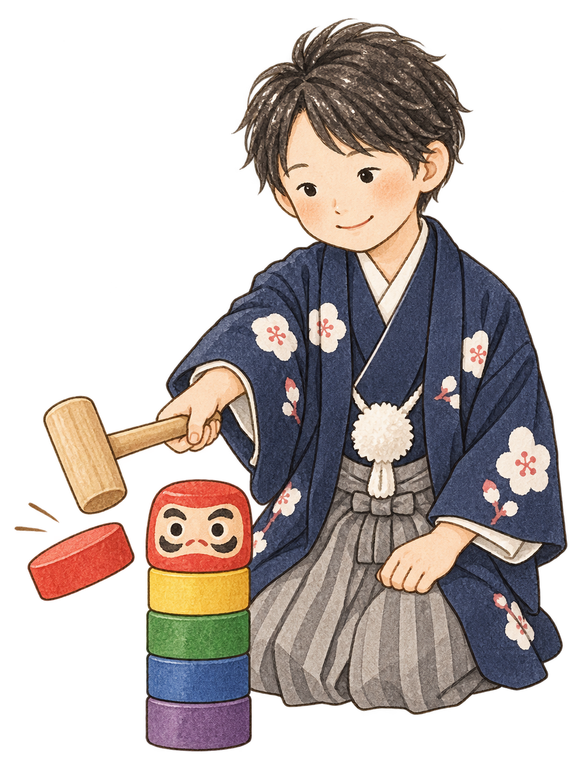 だるま落としで遊ぶ子どもの水彩イラスト｜お正月の遊びの無料素材 104551に写真・文字を入れる