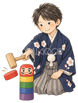 だるま落としで遊ぶ子どもの水彩イラスト｜お正月の遊びの無料素材 104551