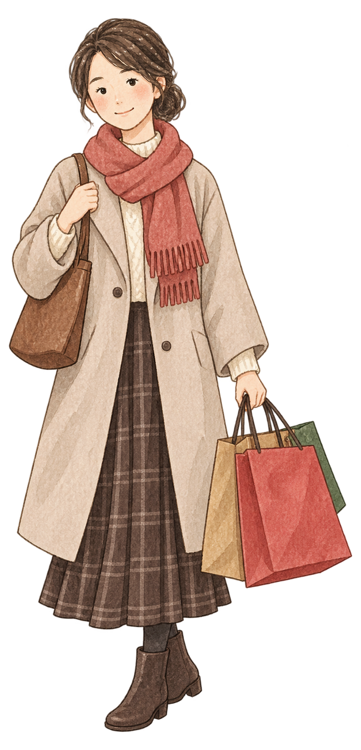 買い物袋を持つ女性の水彩イラスト｜初売りの無料素材 104559に写真・文字を入れる