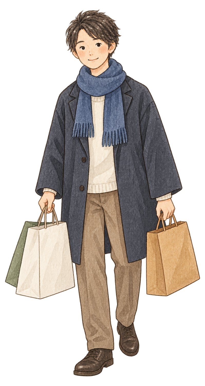 買い物袋を持つ男性の水彩イラスト｜初売りの無料素材 104560に写真・文字を入れる