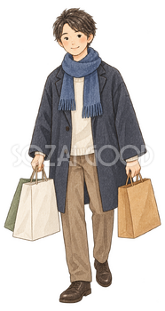買い物袋を持つ男性の水彩イラスト｜初売りの無料素材 104560
