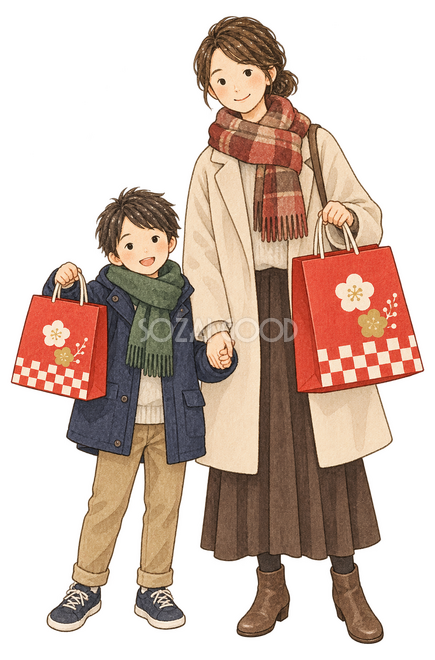 福袋を持つ親子二人イラスト 福袋を持つ親子二人イラスト