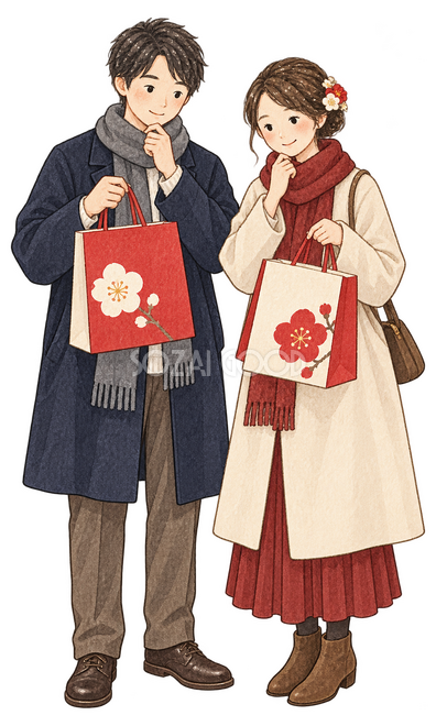 福袋を選ぶ夫婦二人イラスト 福袋を選ぶ夫婦二人イラスト