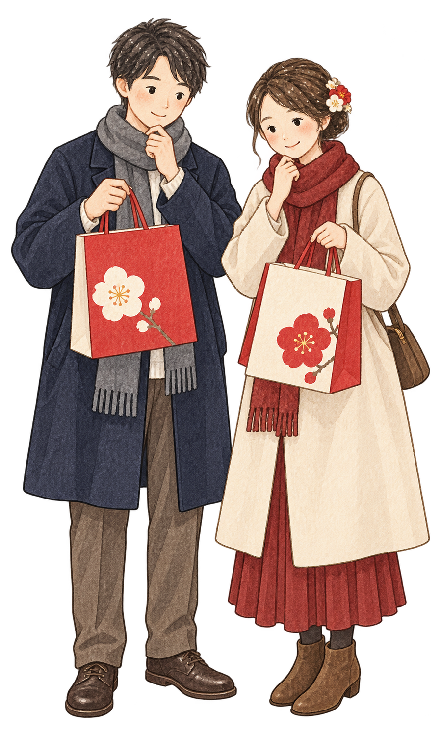 福袋を選ぶ夫婦二人の水彩イラスト｜初売りの無料素材 104562に写真・文字を入れる