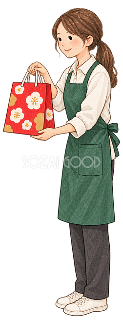 福袋を渡す店員女性イラスト 福袋を渡す店員女性イラスト