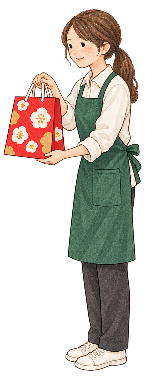 福袋を渡す店員女性の水彩イラスト｜初売りの無料素材 104563に写真・文字を入れる