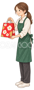 福袋を渡す店員女性の水彩イラスト｜初売りの無料素材 104563