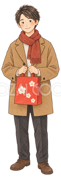 福袋を受け取る客男性の水彩イラスト｜初売りの無料素材 104564