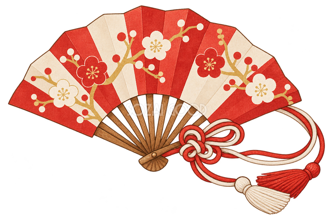 和柄の扇と紅白の紐イラスト