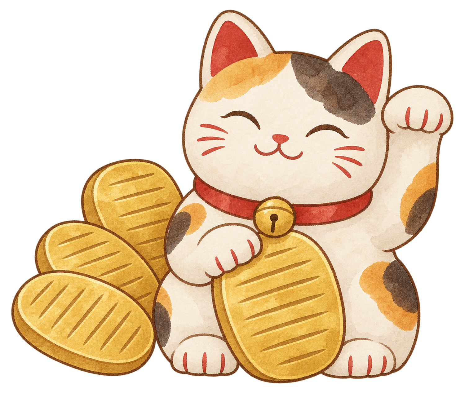 小判と招き猫の水彩イラスト｜初売りの無料素材 104570に写真・文字を入れる