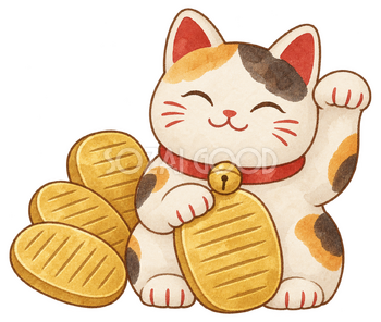 小判と招き猫の水彩イラスト｜初売りの無料素材 104570
