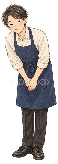 笑顔でお辞儀する店員男性イラスト 笑顔でお辞儀する店員男性イラスト