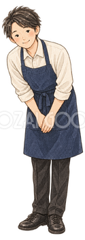 笑顔でお辞儀する店員男性の水彩イラスト｜初売りの無料素材 104576