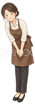 笑顔でお辞儀する店員女性の水彩イラスト｜初売りの無料素材 104577