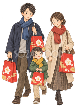 家族三人が福袋を持って帰るの水彩イラスト｜初売りの無料素材 104578