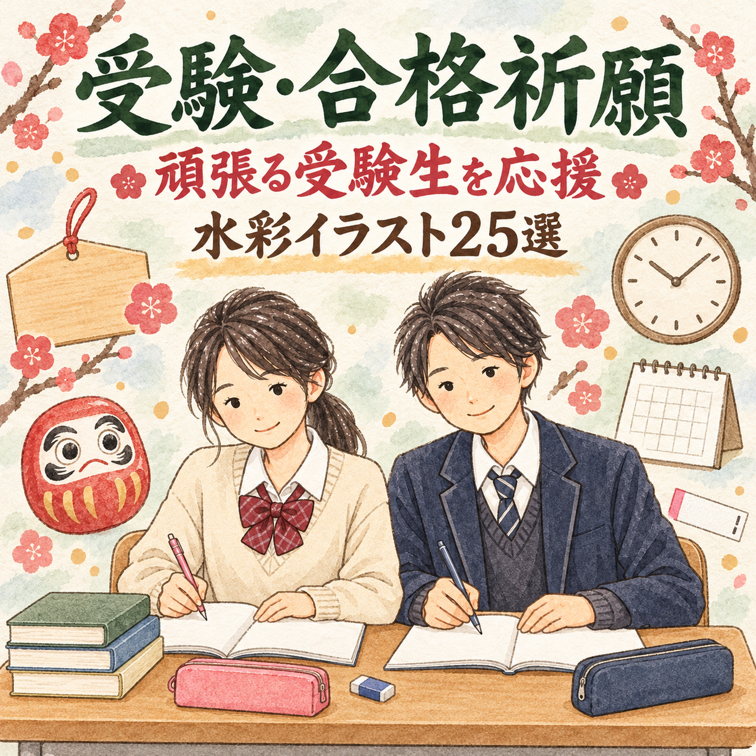 受験・合格祈願25選｜水彩イラストの無料素材 104579に写真・文字を入れる