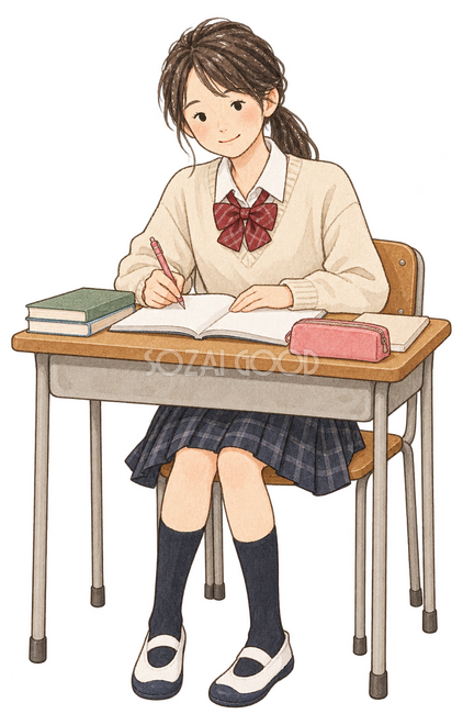 机で勉強する女子学生イラスト
