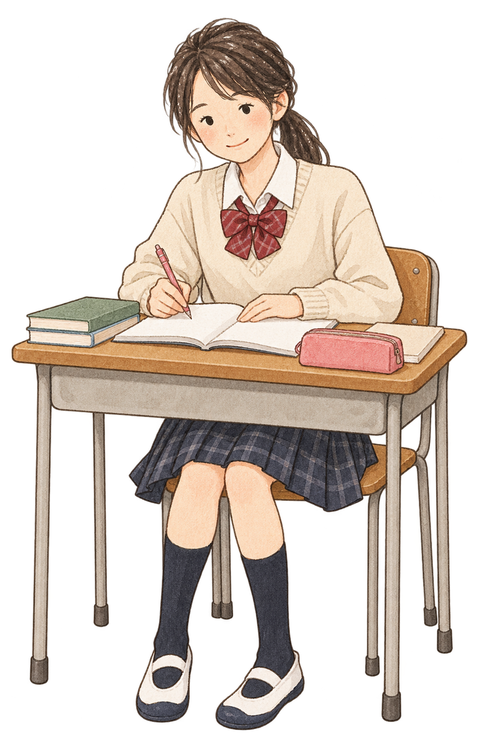 机で勉強する女子学生の水彩イラスト｜受験・合格祈願の無料素材 104580に写真・文字を入れる