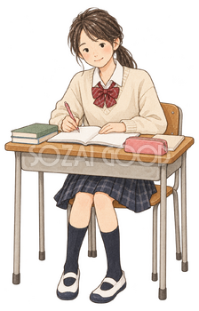 机で勉強する女子学生の水彩イラスト｜受験・合格祈願の無料素材 104580