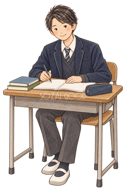 机で勉強する男子学生イラスト 机で勉強する男子学生イラスト