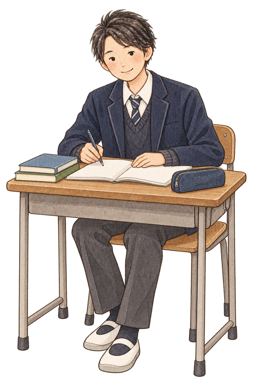 机で勉強する男子学生の水彩イラスト｜受験・合格祈願の無料素材 104581に写真・文字を入れる