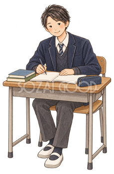 机で勉強する男子学生の水彩イラスト｜受験・合格祈願の無料素材 104581