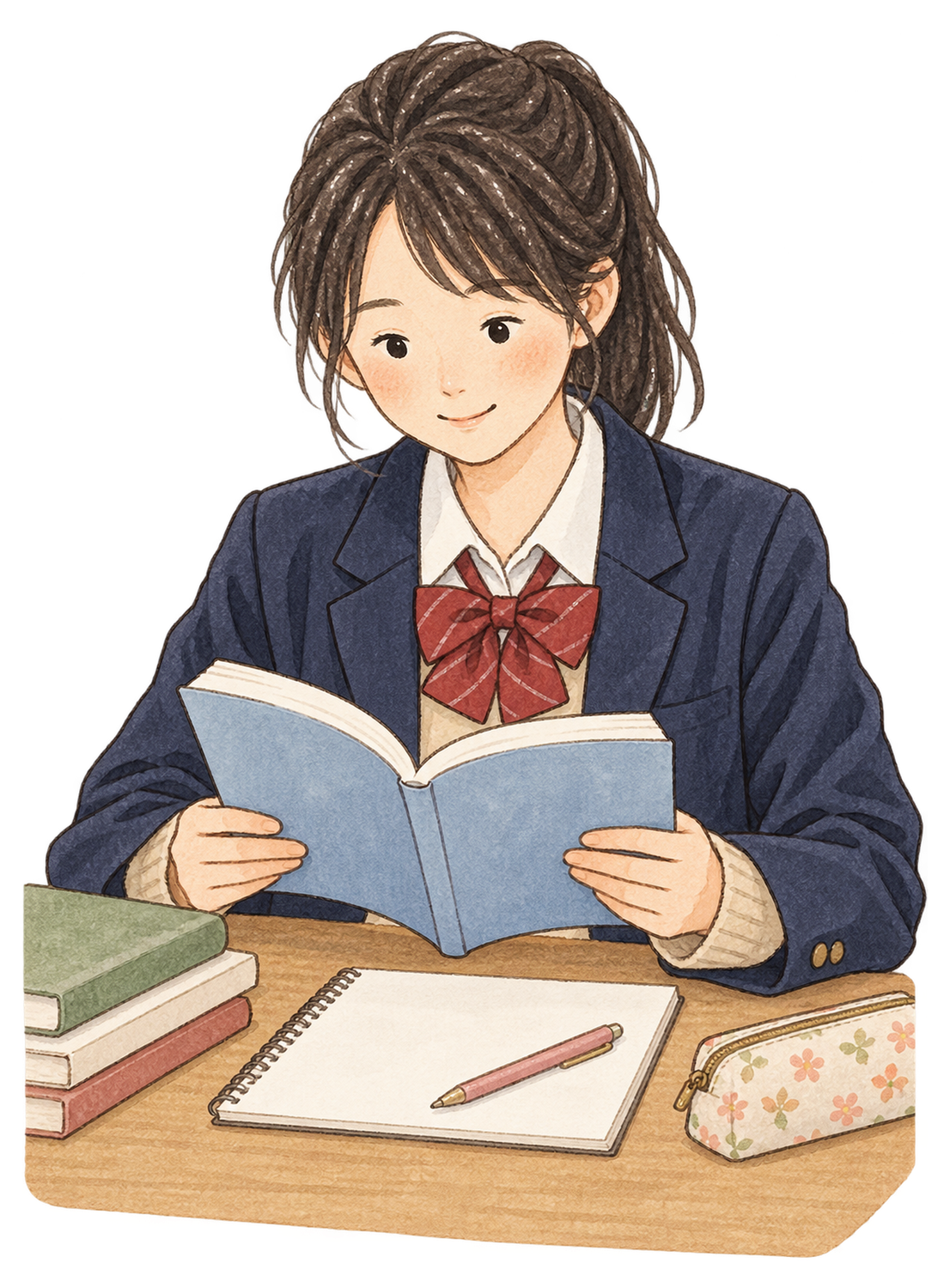 参考書を読む女子学生の水彩イラスト｜受験・合格祈願の無料素材 104582に写真・文字を入れる