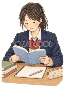 参考書を読む女子学生の水彩イラスト｜受験・合格祈願の無料素材 104582