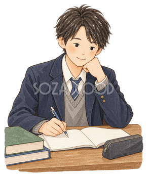 問題を解く男子学生の水彩イラスト｜受験・合格祈願の無料素材 104583
