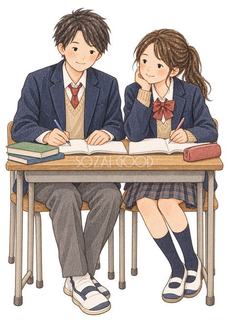 二人で勉強する学生イラスト